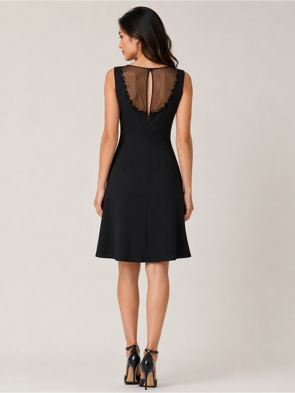 Ann Taylor Black Midi Dress with Sheer Beaded Yoke - Picture 2 of 10